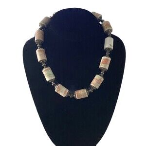 Hand Crafted Barrel Porcelain Beads Choker Bib Necklace Earth Tone Faux Jasper